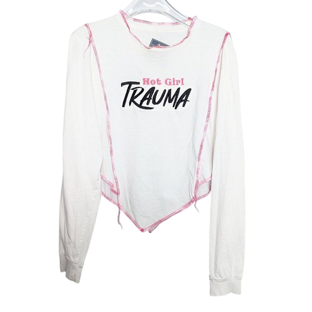 Upcycled White Long Sleeve T-Shirt Neon Pink Embroidered Hot Girl Trauma Cropped